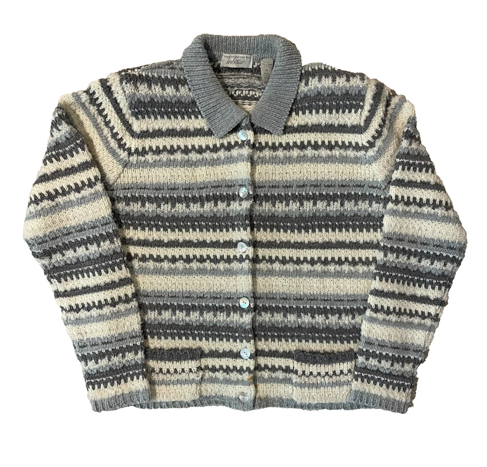 Fair Isle Scandinavian Nordic Ski Cardigan Sweater Women's M Wool Bld Knit *READ